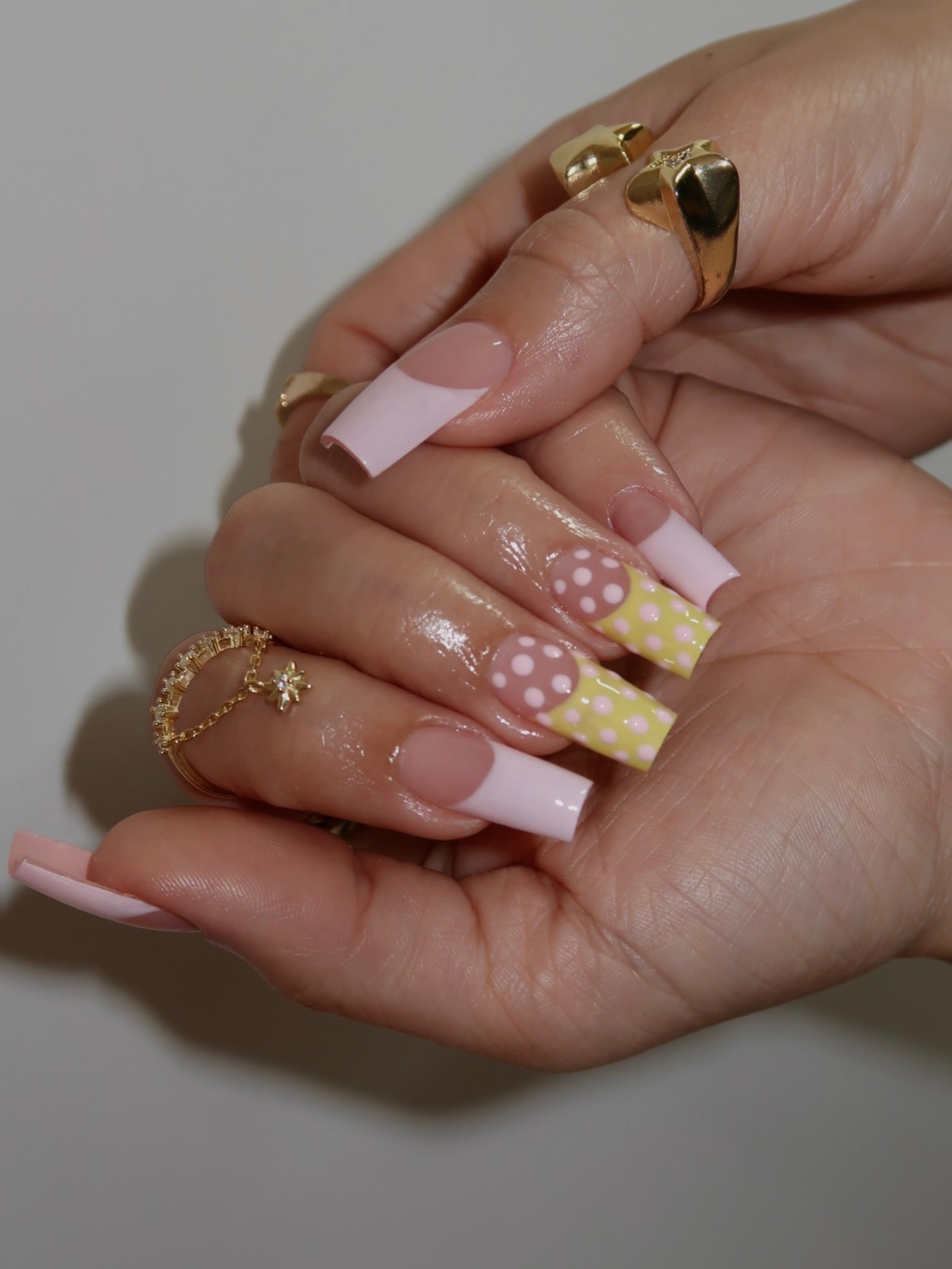 Handmade Pastel Yellow & Pink Polka Dot Press On Nails - Long Square Retro French Tip Nails - Cute Spring Summer Pop Art Fake Nails