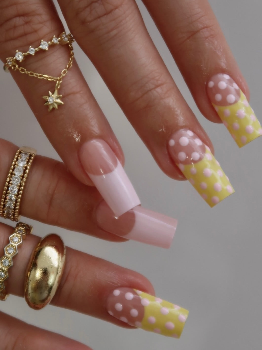 Handmade Pastel Yellow & Pink Polka Dot Press On Nails - Long Square Retro French Tip Nails - Cute Spring Summer Pop Art Fake Nails