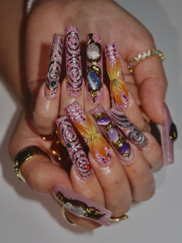 Handmade XL Galaxy Gem 3D Swirl Press On Nails - Long Square Pink Glitter Celestial Nails - Luxury Gold Chrome & Flower Festival Nail Art