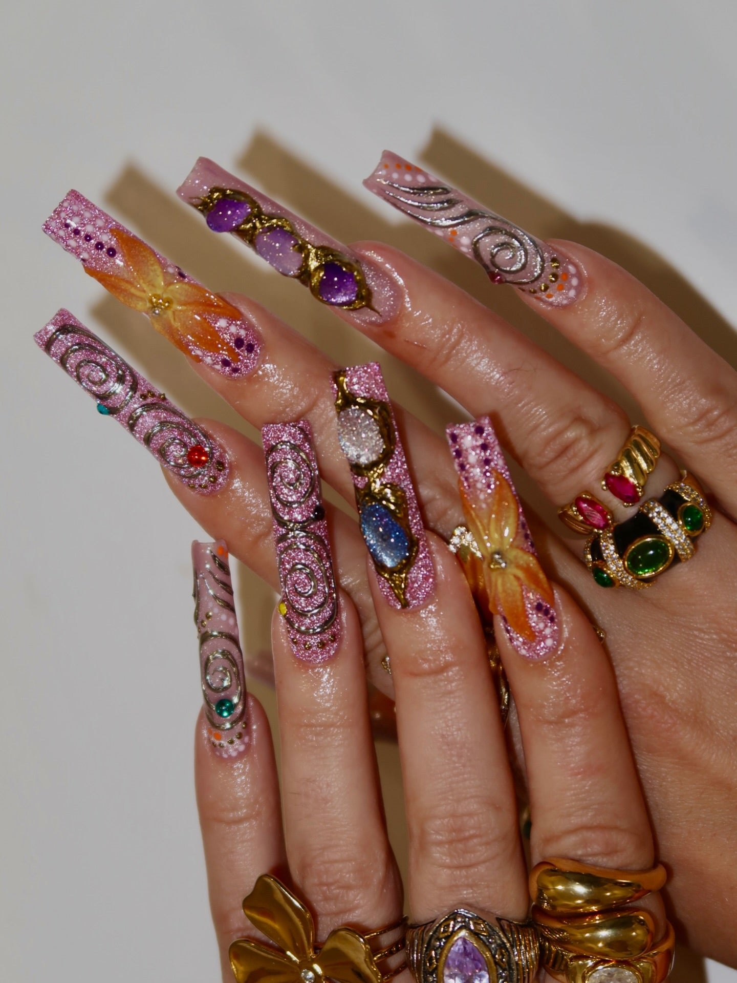 Handmade XL Galaxy Gem 3D Swirl Press On Nails - Long Square Pink Glitter Celestial Nails - Luxury Gold Chrome & Flower Festival Nail Art
