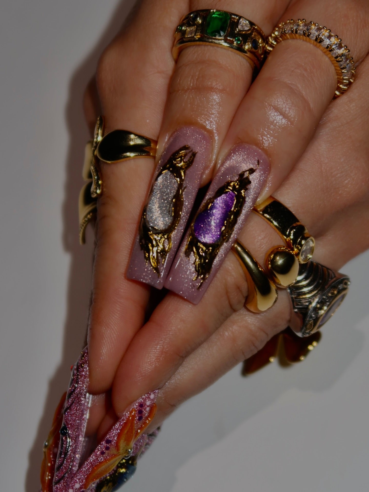 Handmade XL Galaxy Gem 3D Swirl Press On Nails - Long Square Pink Glitter Celestial Nails - Luxury Gold Chrome & Flower Festival Nail Art