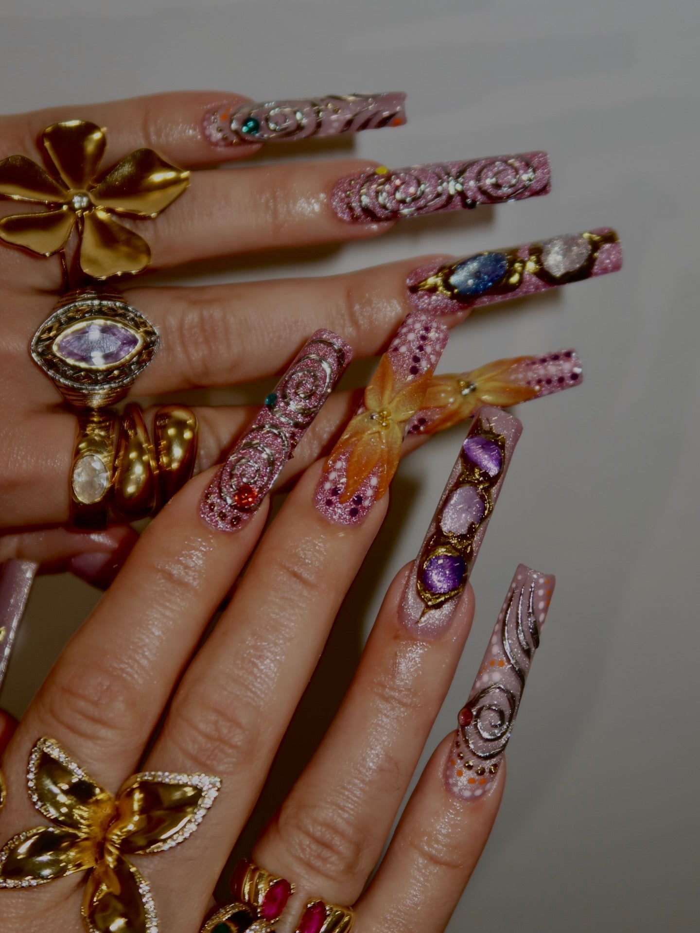 Handmade XL Galaxy Gem 3D Swirl Press On Nails - Long Square Pink Glitter Celestial Nails - Luxury Gold Chrome & Flower Festival Nail Art