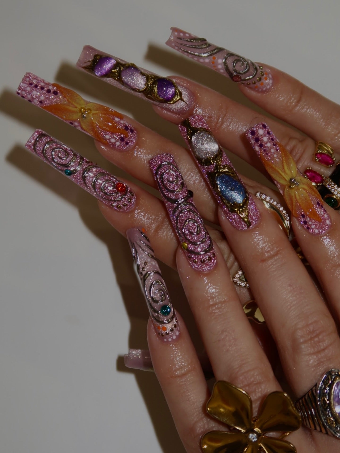 Handmade XL Galaxy Gem 3D Swirl Press On Nails - Long Square Pink Glitter Celestial Nails - Luxury Gold Chrome & Flower Festival Nail Art