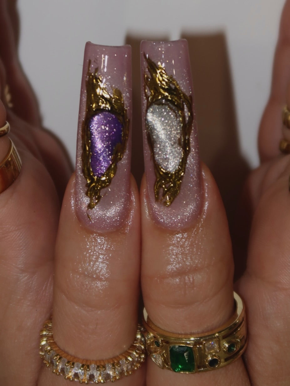 Handmade XL Galaxy Gem 3D Swirl Press On Nails - Long Square Pink Glitter Celestial Nails - Luxury Gold Chrome & Flower Festival Nail Art