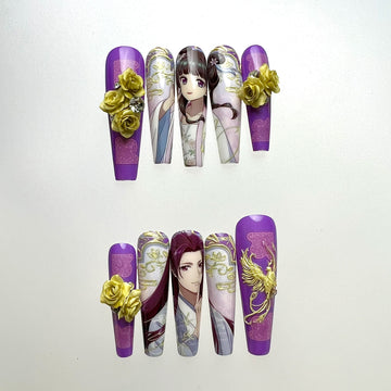 The Apothecary Diaries Nails – Maomao &amp; Jinshi Press-On Set, 3D Yellow Rose &amp; Gold Phoenix Anime Design | Dragonnail