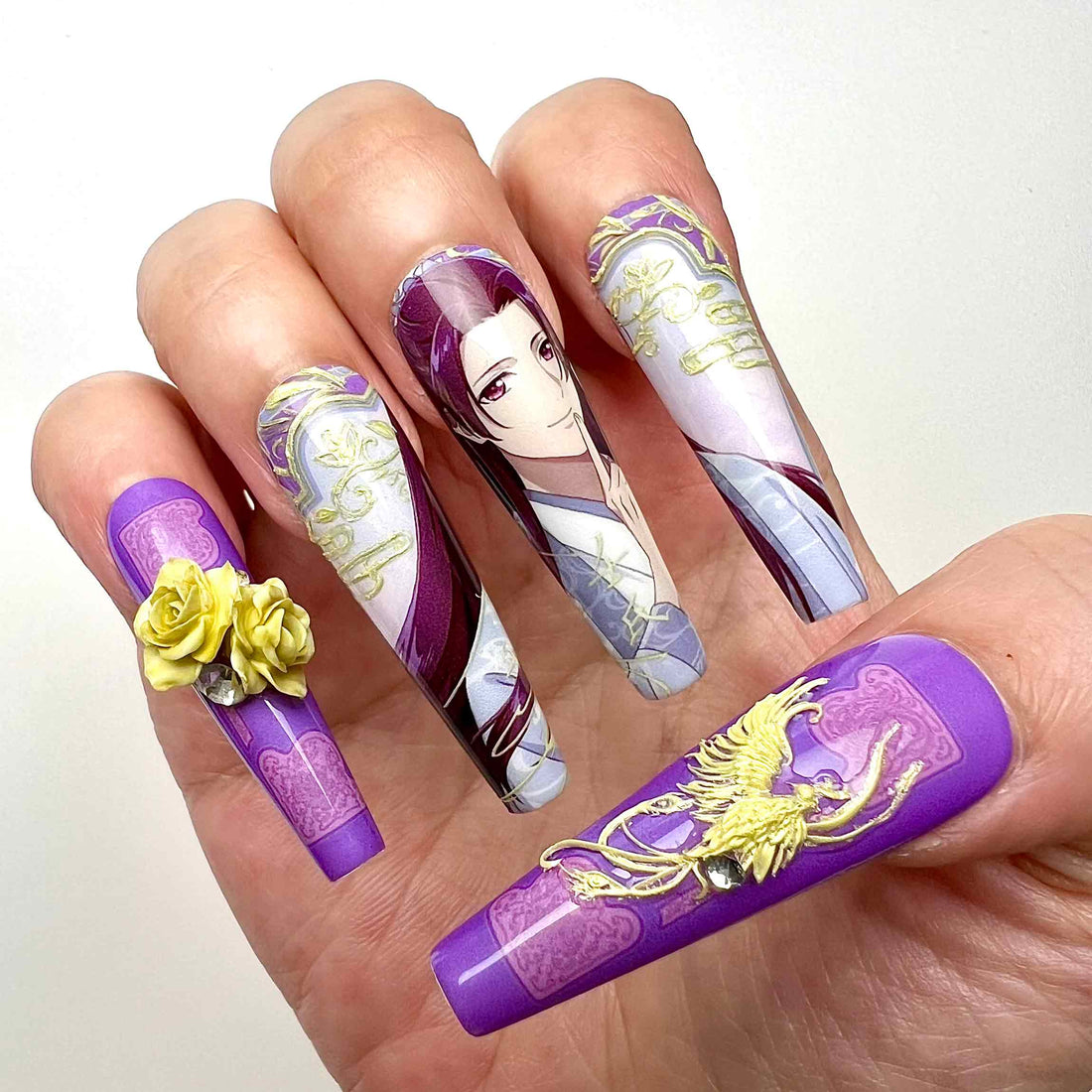 The Apothecary Diaries Nails – Maomao &amp; Jinshi Press-On Set, 3D Yellow Rose &amp; Gold Phoenix Anime Design | Dragonnail