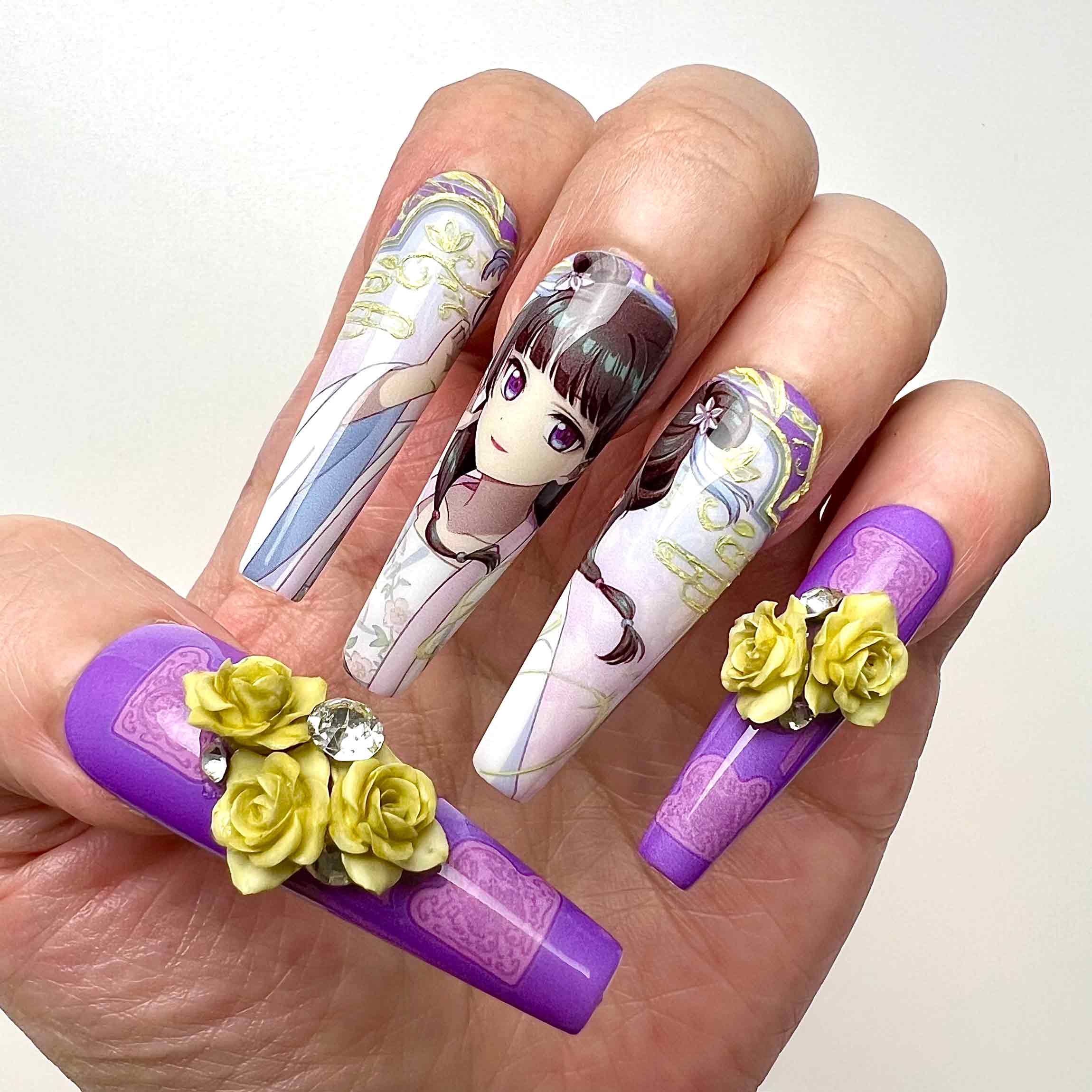 The Apothecary Diaries Nails – Maomao &amp; Jinshi Press-On Set, 3D Yellow Rose &amp; Gold Phoenix Anime Design | Dragonnail