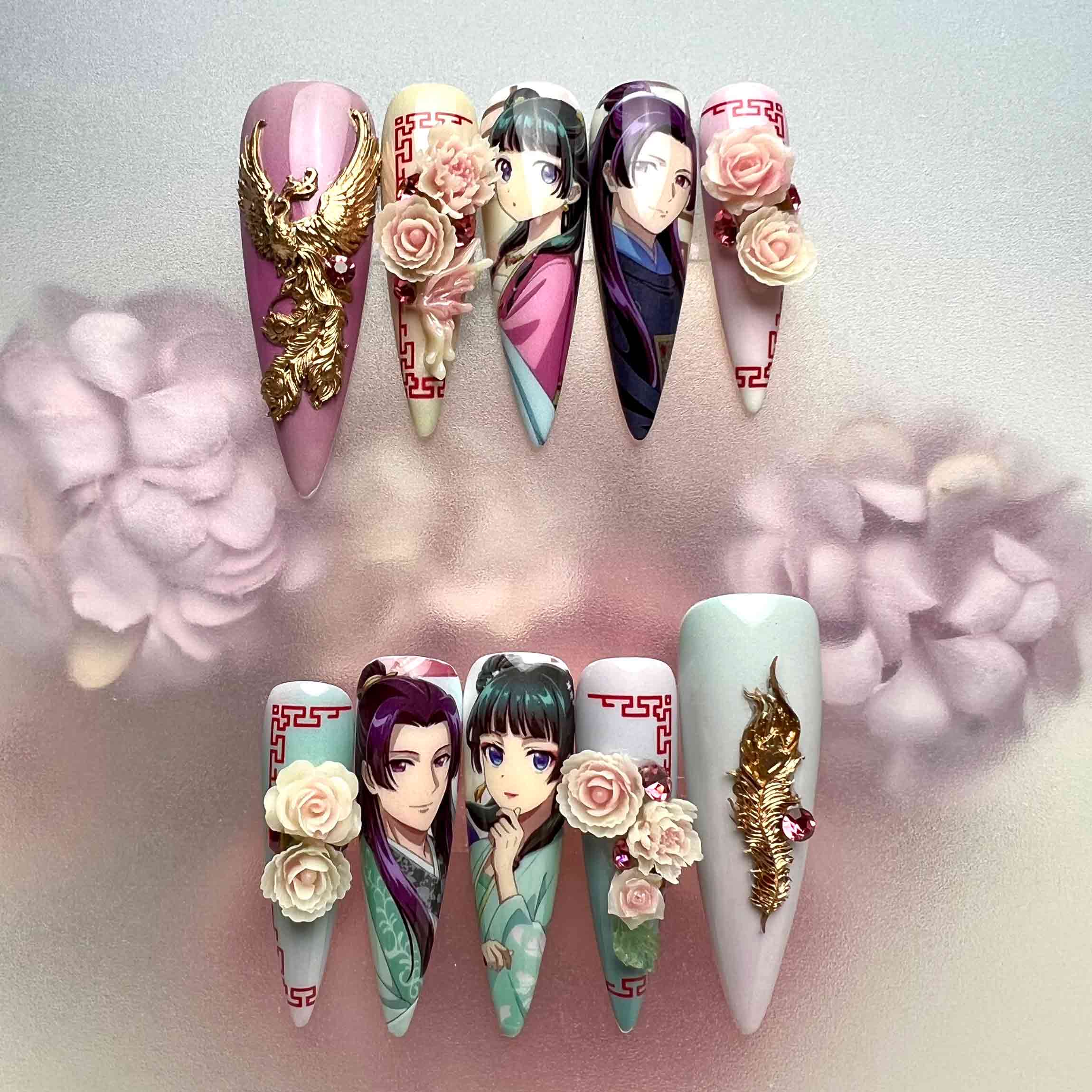 The Apothecary Diaries Nails – Maomao &amp; Jinshi Press-On Set, 3D Phoenix, Rose &amp; Gold Floral Anime Design | Dragonnail