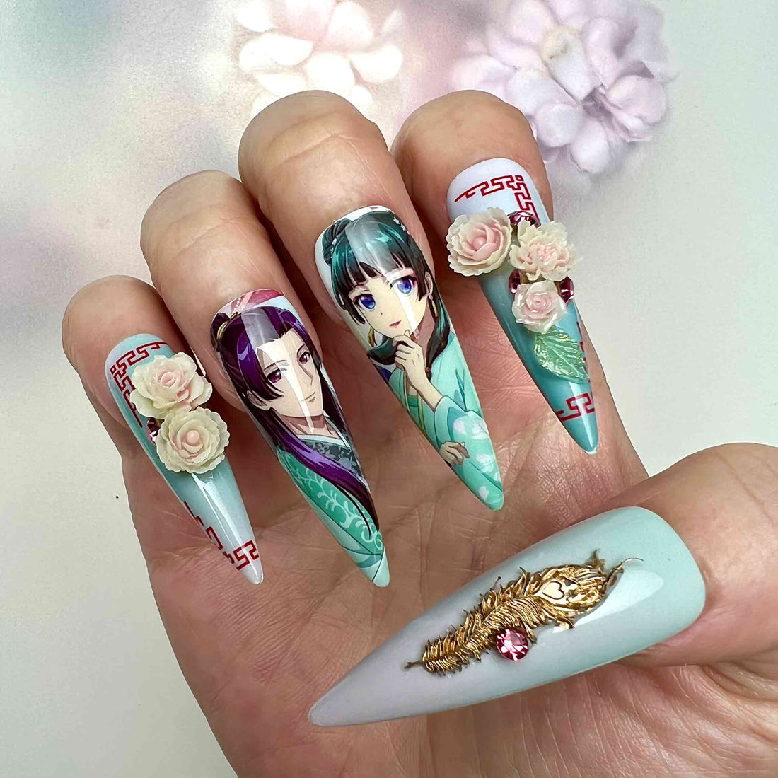 The Apothecary Diaries Nails – Maomao &amp; Jinshi Press-On Set, 3D Phoenix, Rose &amp; Gold Floral Anime Design | Dragonnail