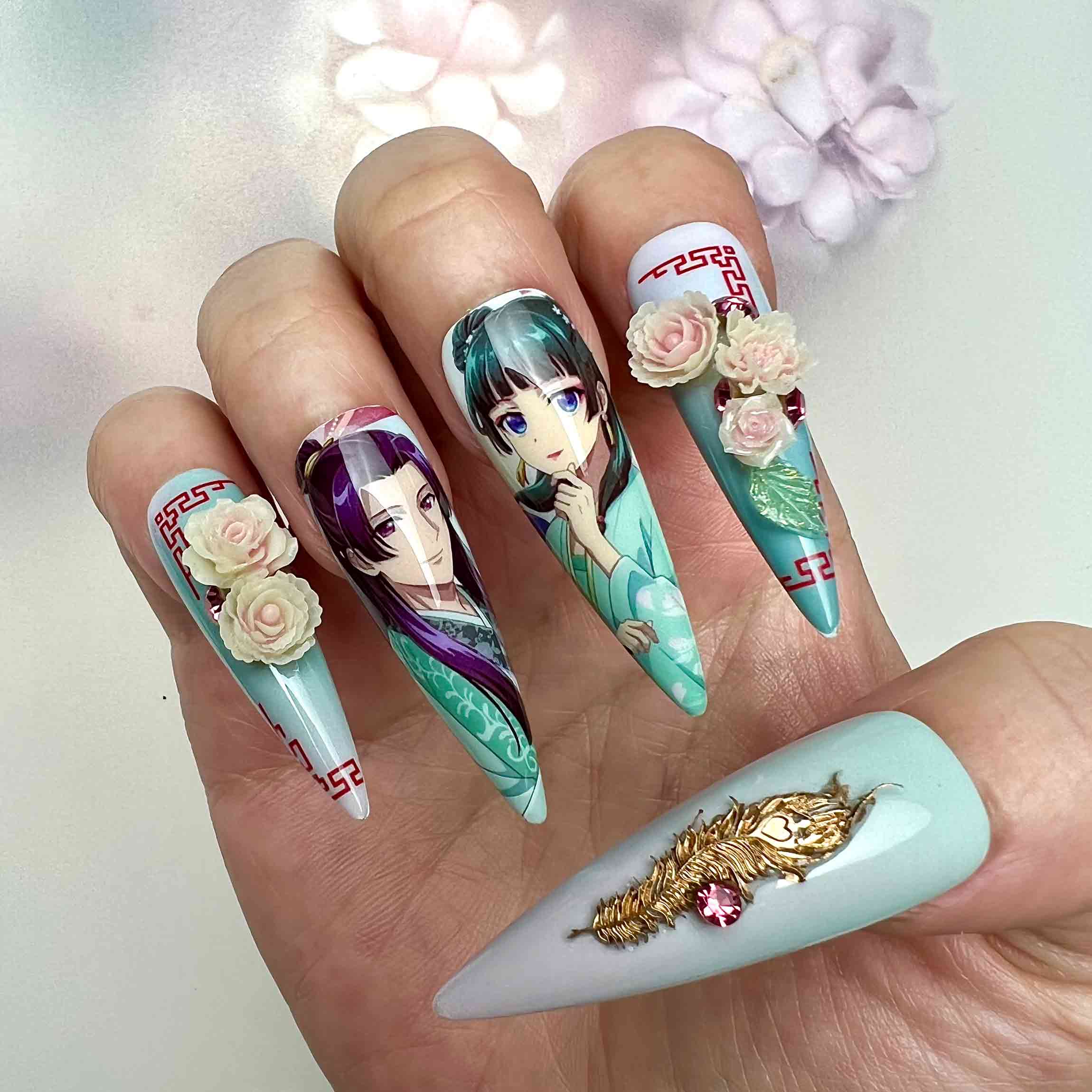 The Apothecary Diaries Nails – Maomao &amp; Jinshi Press-On Set, 3D Phoenix, Rose &amp; Gold Floral Anime Design | Dragonnail