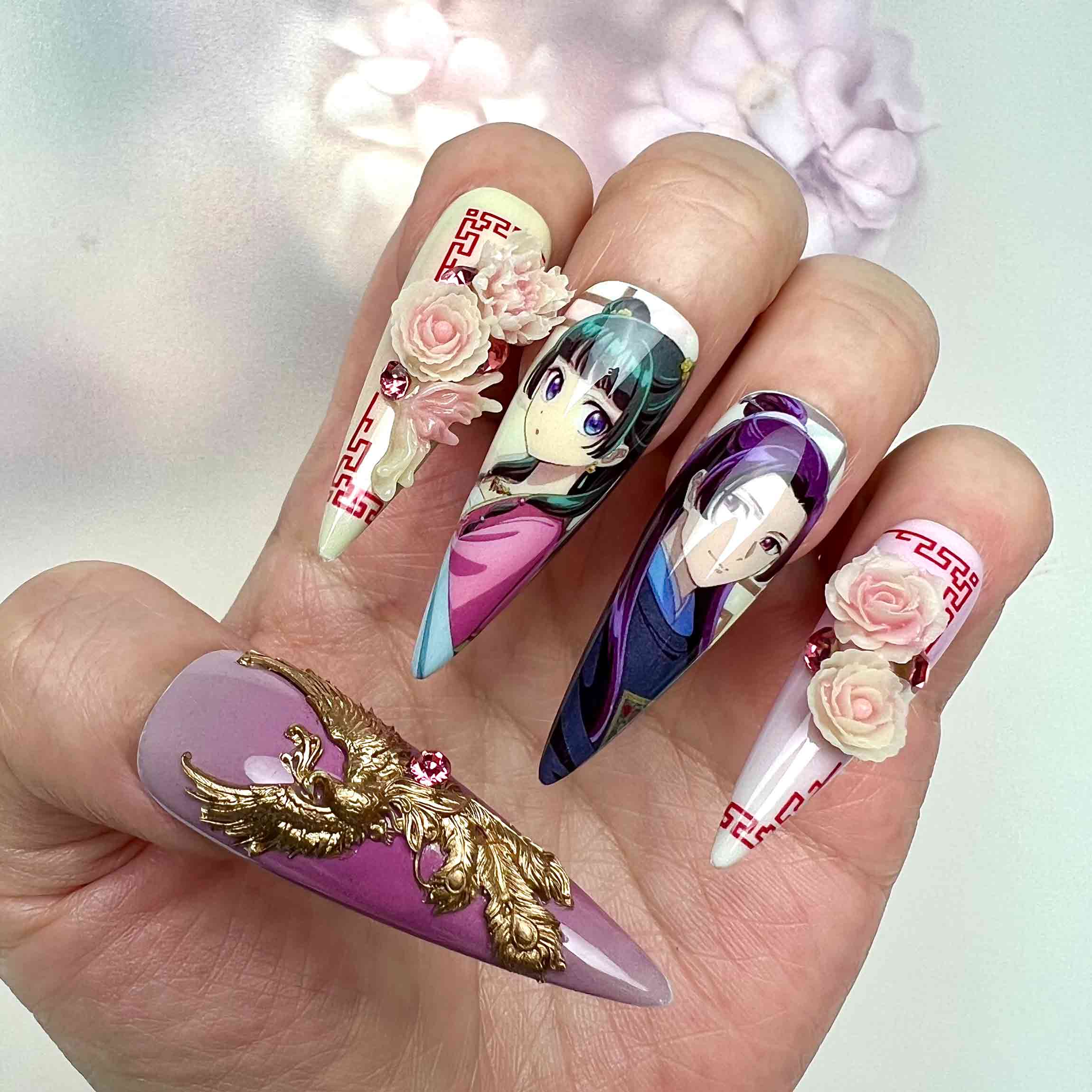 The Apothecary Diaries Nails – Maomao &amp; Jinshi Press-On Set, 3D Phoenix, Rose &amp; Gold Floral Anime Design | Dragonnail