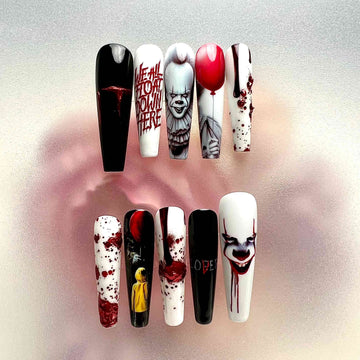 Pennywise IT Nails – Horror Movie Press-On Set, Bloody Clown &amp; "We All Float" Gothic Design | Dragonnail