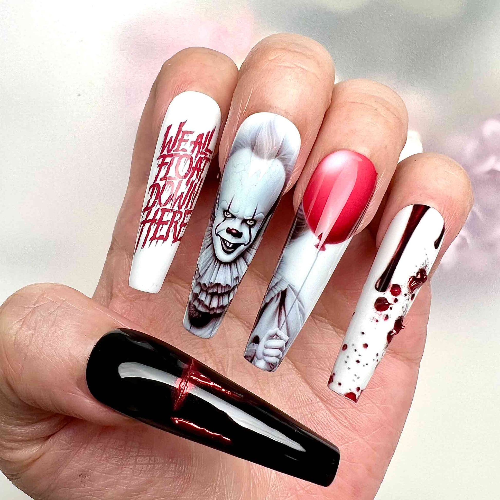 Pennywise IT Nails – Horror Movie Press-On Set, Bloody Clown &amp; "We All Float" Gothic Design | Dragonnail