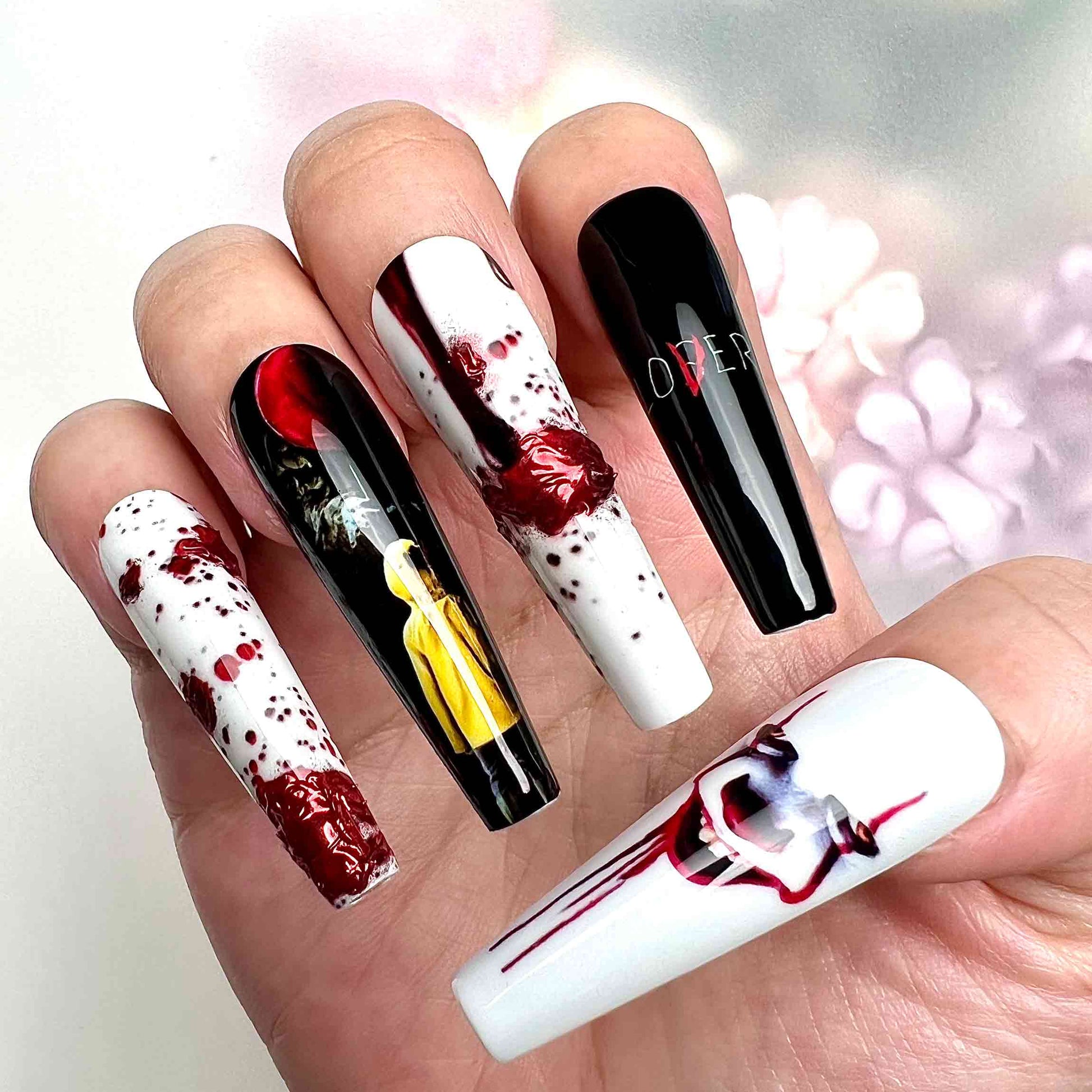 Pennywise IT Nails – Horror Movie Press-On Set, Bloody Clown &amp; "We All Float" Gothic Design | Dragonnail