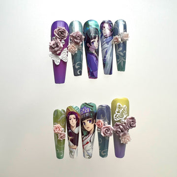 The Apothecary Diaries Nails – Maomao &amp; Jinshi Press-On Set, 3D Rose &amp; Butterfly Elegant Anime Design | Dragonnail