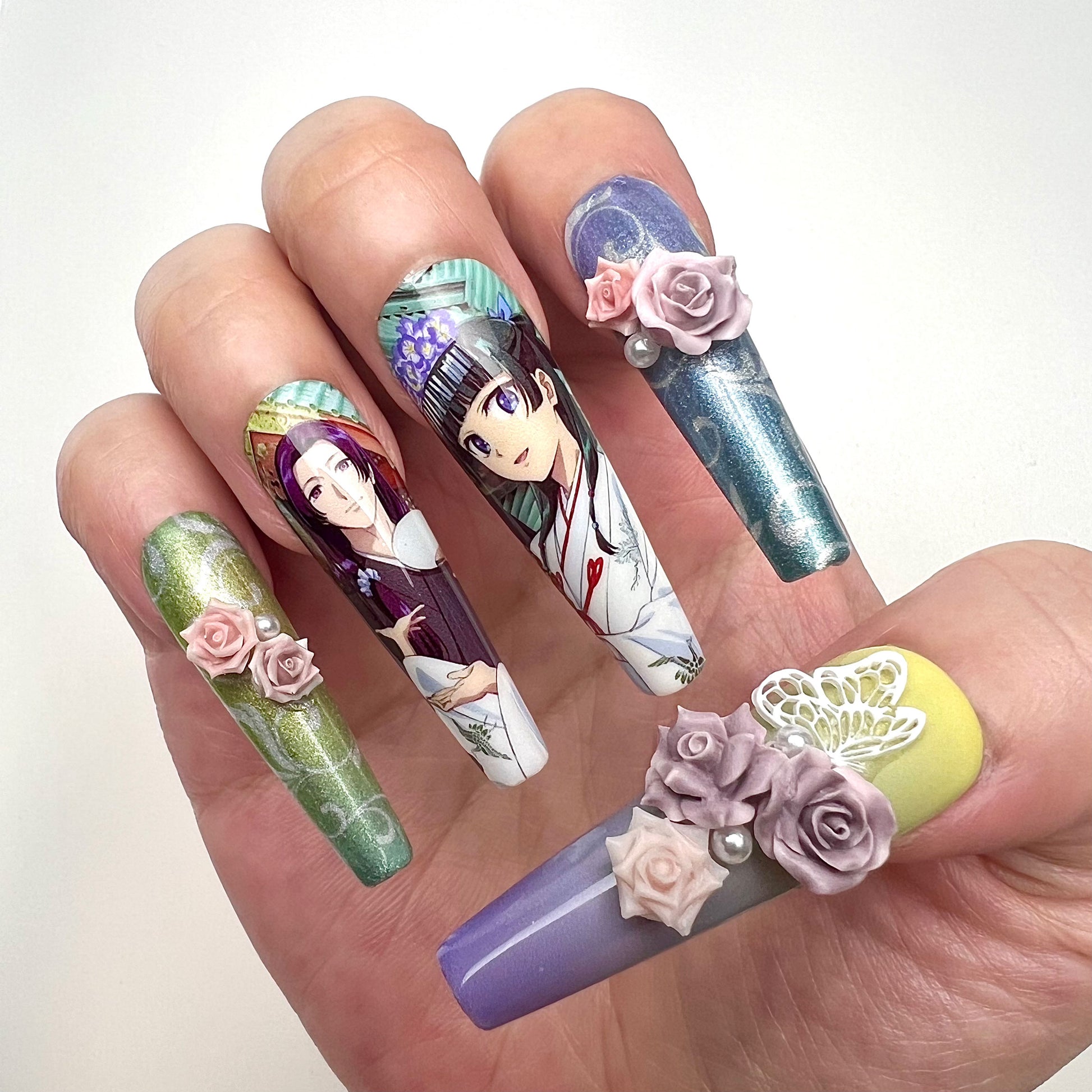 The Apothecary Diaries Nails – Maomao &amp; Jinshi Press-On Set, 3D Rose &amp; Butterfly Elegant Anime Design | Dragonnail