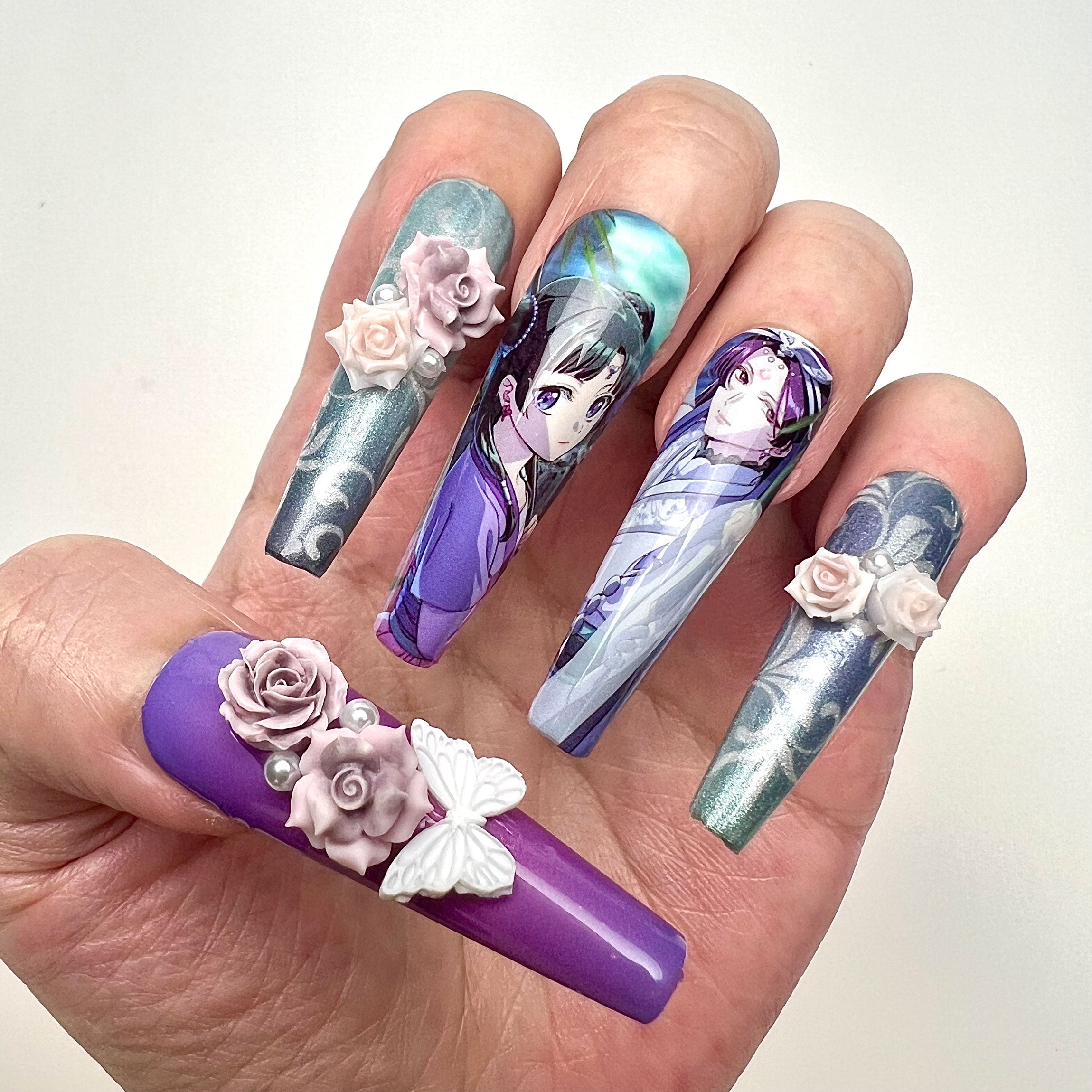 The Apothecary Diaries Nails – Maomao &amp; Jinshi Press-On Set, 3D Rose &amp; Butterfly Elegant Anime Design | Dragonnail
