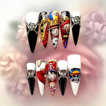 Monkey D. Luffy Nails – One Piece Anime Press-On Set, 3D Gem Skull &amp; Pirate King Design | Dragonnail