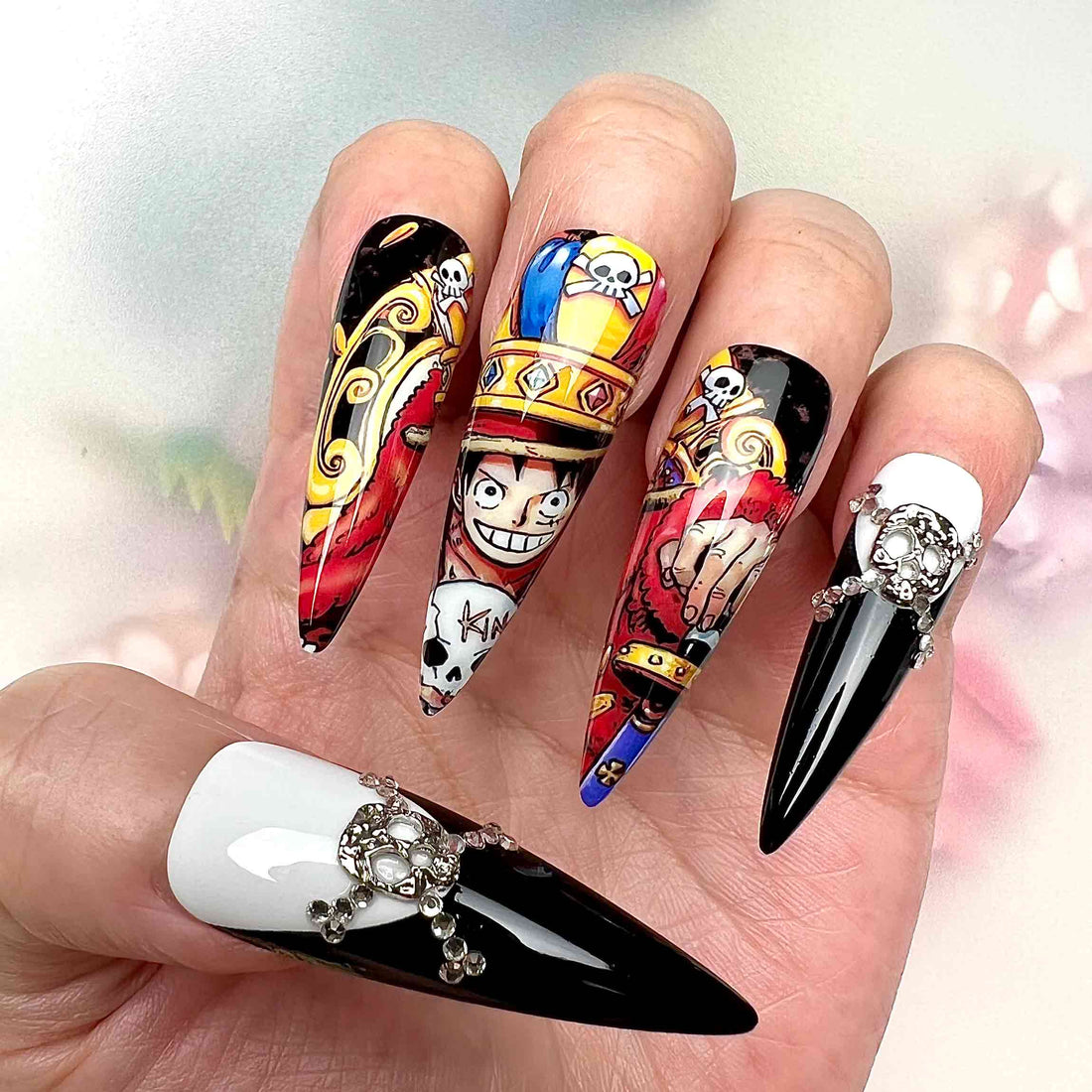 Monkey D. Luffy Nails – One Piece Anime Press-On Set, 3D Gem Skull &amp; Pirate King Design | Dragonnail