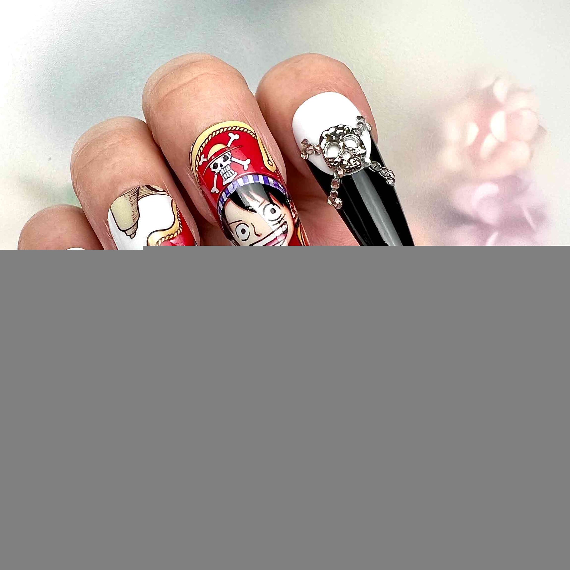 Monkey D. Luffy Nails – One Piece Anime Press-On Set, 3D Gem Skull &amp; Pirate King Design | Dragonnail