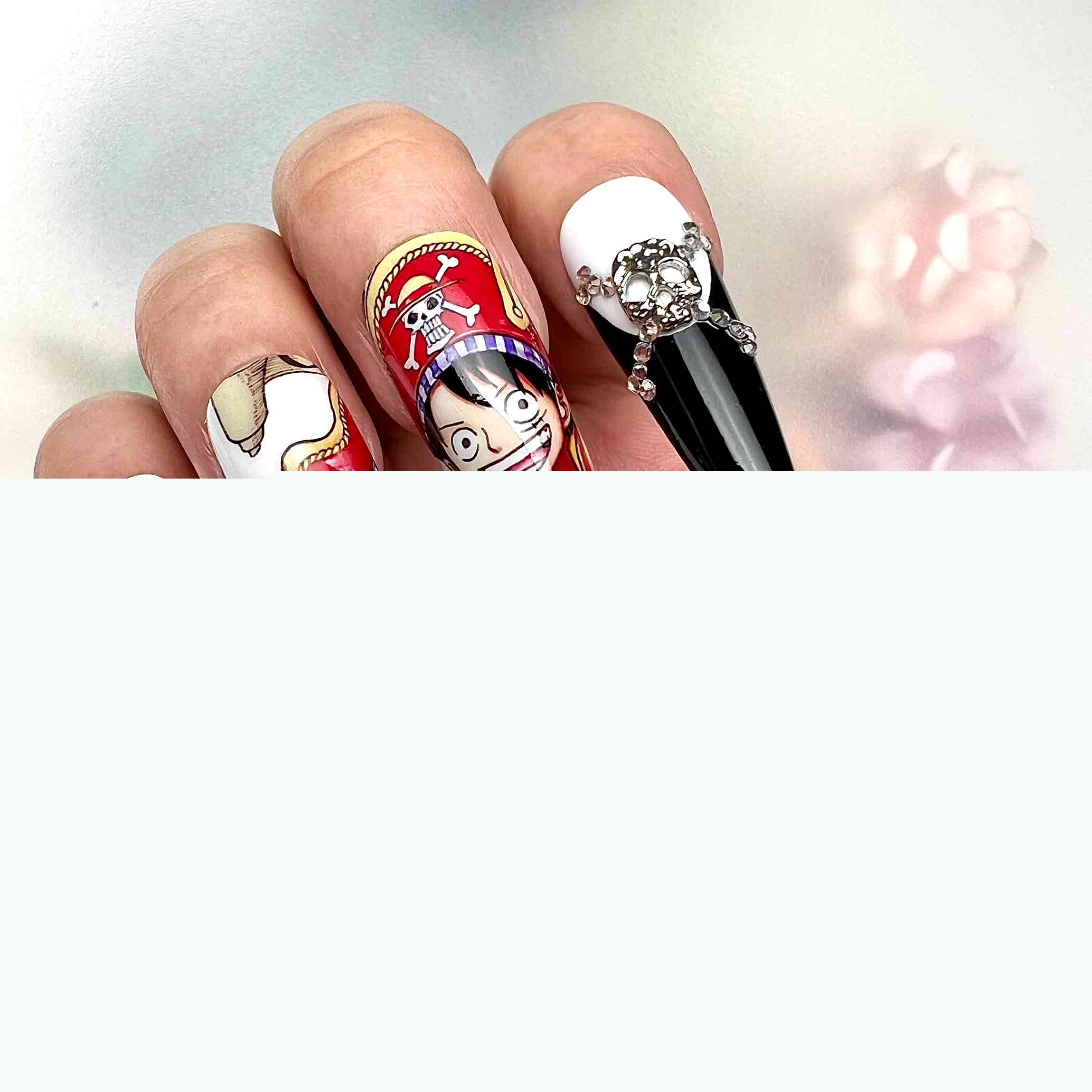 Monkey D. Luffy Nails – One Piece Anime Press-On Set, 3D Gem Skull &amp; Pirate King Design | Dragonnail
