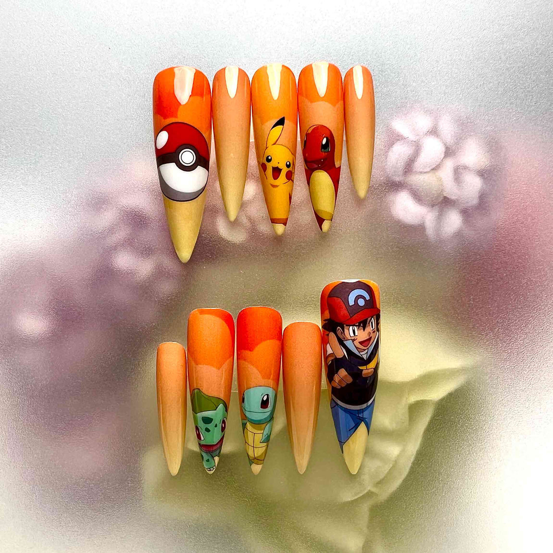 Pokémon Press-On Nails | Ash Ketchum &amp; Kanto Starters Anime Set | Pikachu, Squirtle, Charmander &amp; Poké Ball Art | Dragonnail