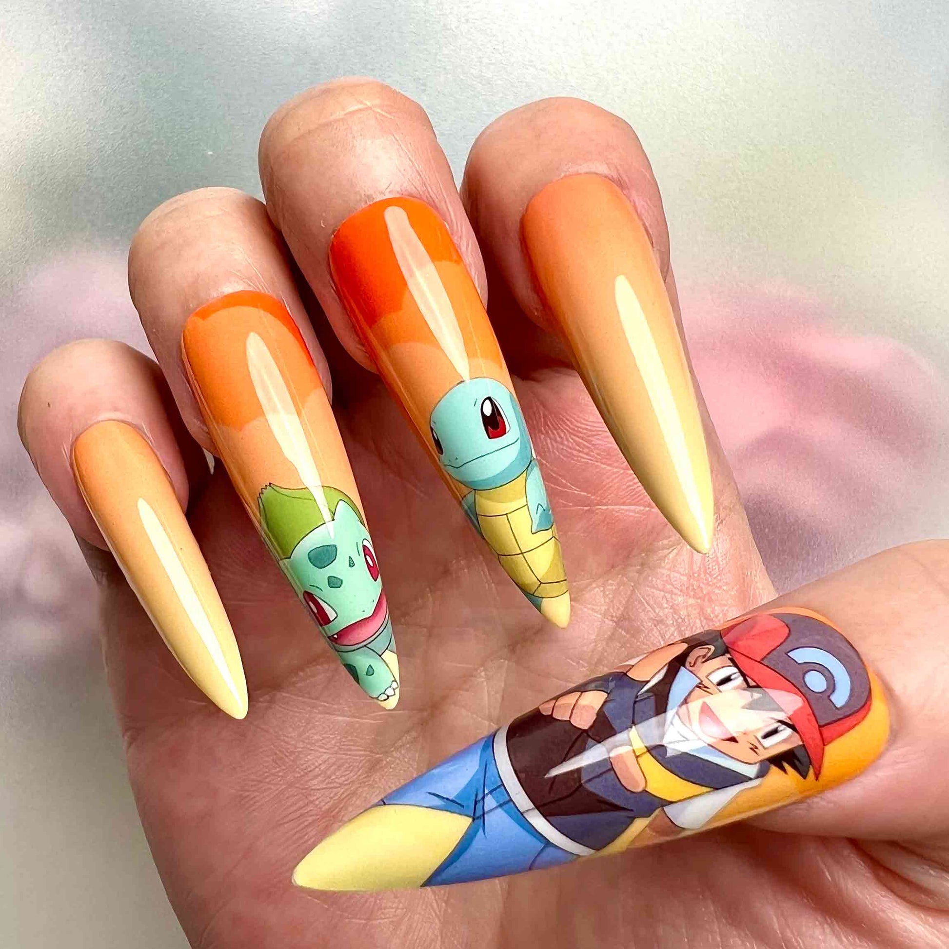 Pokémon Press-On Nails | Ash Ketchum &amp; Kanto Starters Anime Set | Pikachu, Squirtle, Charmander &amp; Poké Ball Art | Dragonnail