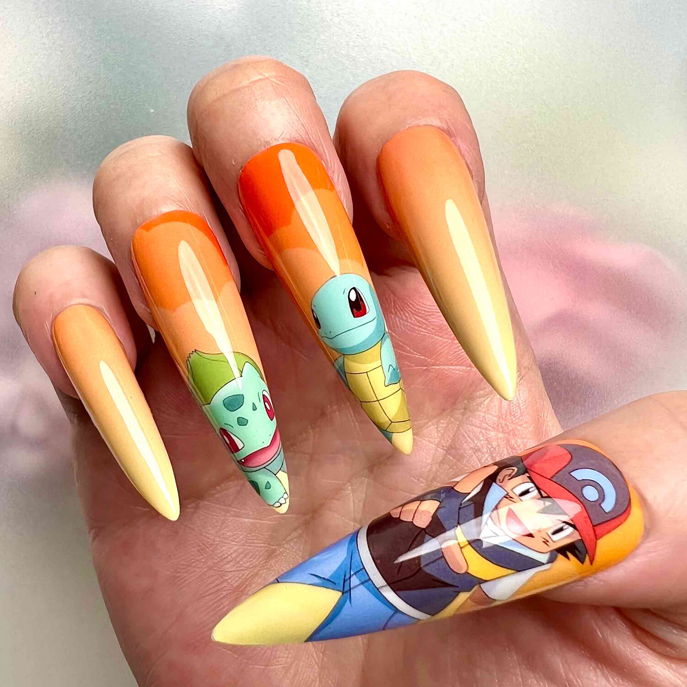 Pokémon Press-On Nails | Ash Ketchum &amp; Kanto Starters Anime Set | Pikachu, Squirtle, Charmander &amp; Poké Ball Art | Dragonnail