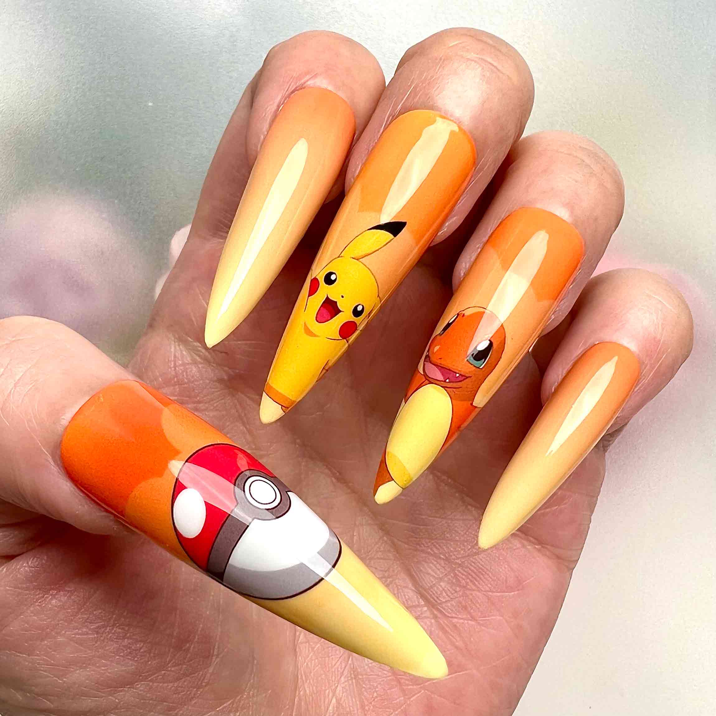 Pokémon Press-On Nails | Ash Ketchum &amp; Kanto Starters Anime Set | Pikachu, Squirtle, Charmander &amp; Poké Ball Art | Dragonnail