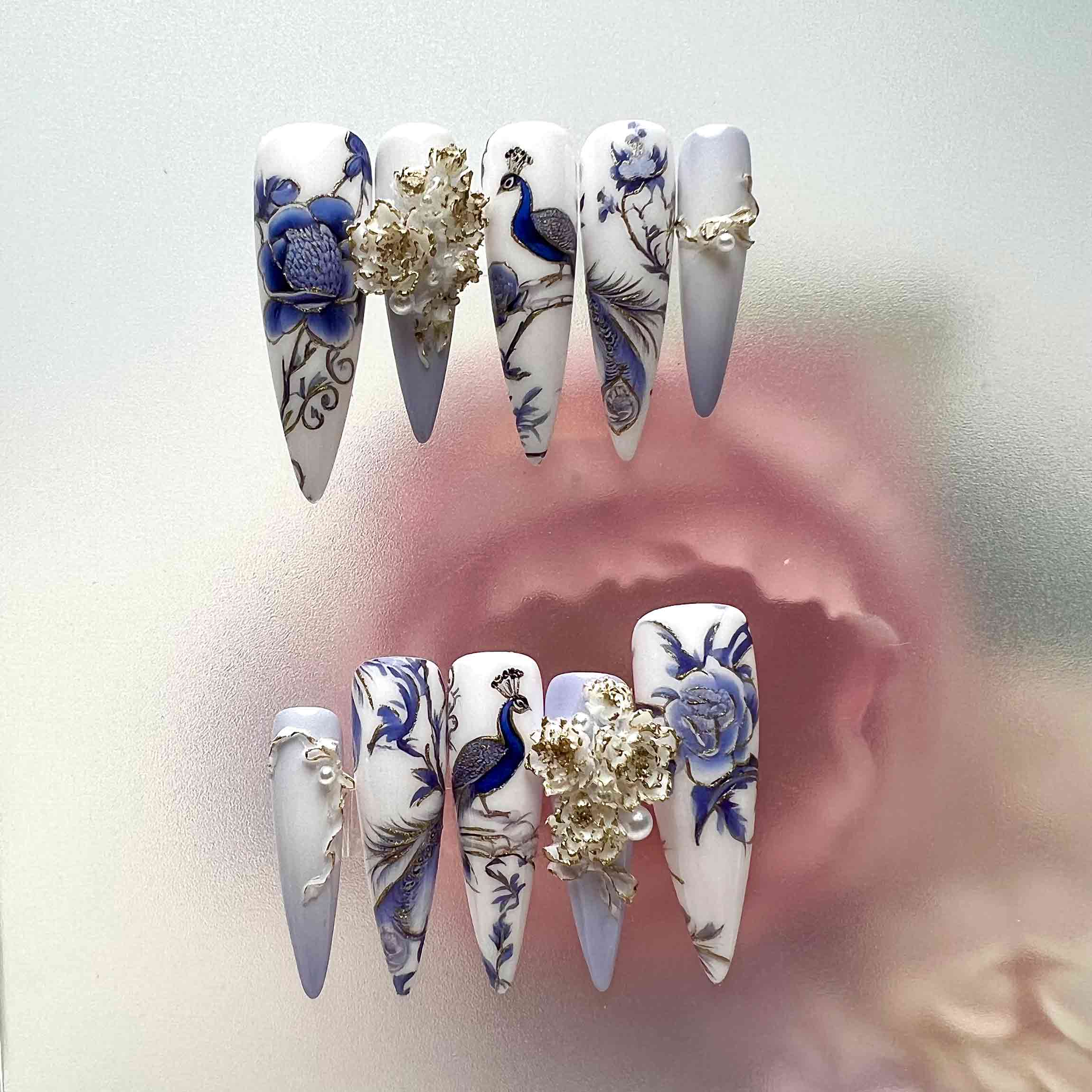 Elegant Peacock Nails – Blue Chinoiserie Press-On Set, 3D Floral &amp; Pearl Art Design | Dragonnail