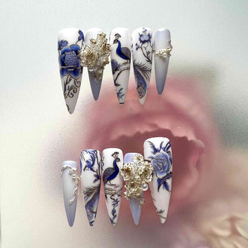Elegant Peacock Nails – Blue Chinoiserie Press-On Set, 3D Floral &amp; Pearl Art Design | Dragonnail