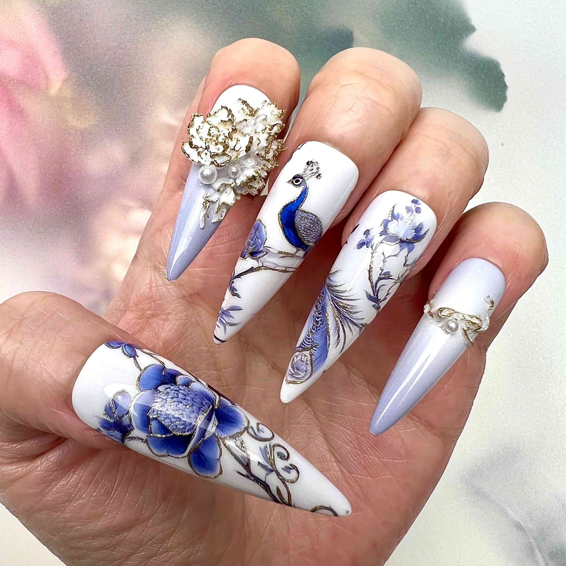 Elegant Peacock Nails – Blue Chinoiserie Press-On Set, 3D Floral &amp; Pearl Art Design | Dragonnail