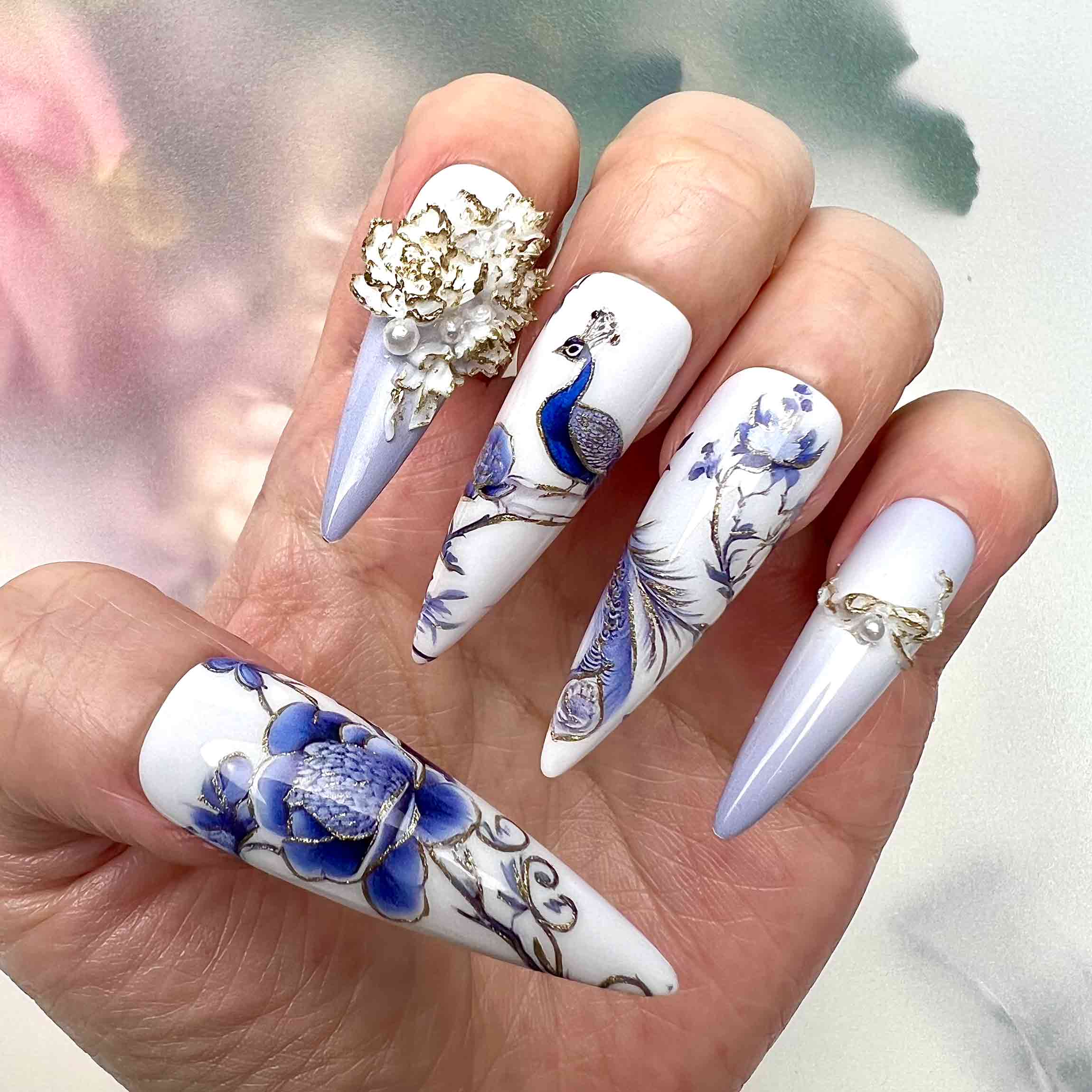 Elegant Peacock Nails – Blue Chinoiserie Press-On Set, 3D Floral &amp; Pearl Art Design | Dragonnail