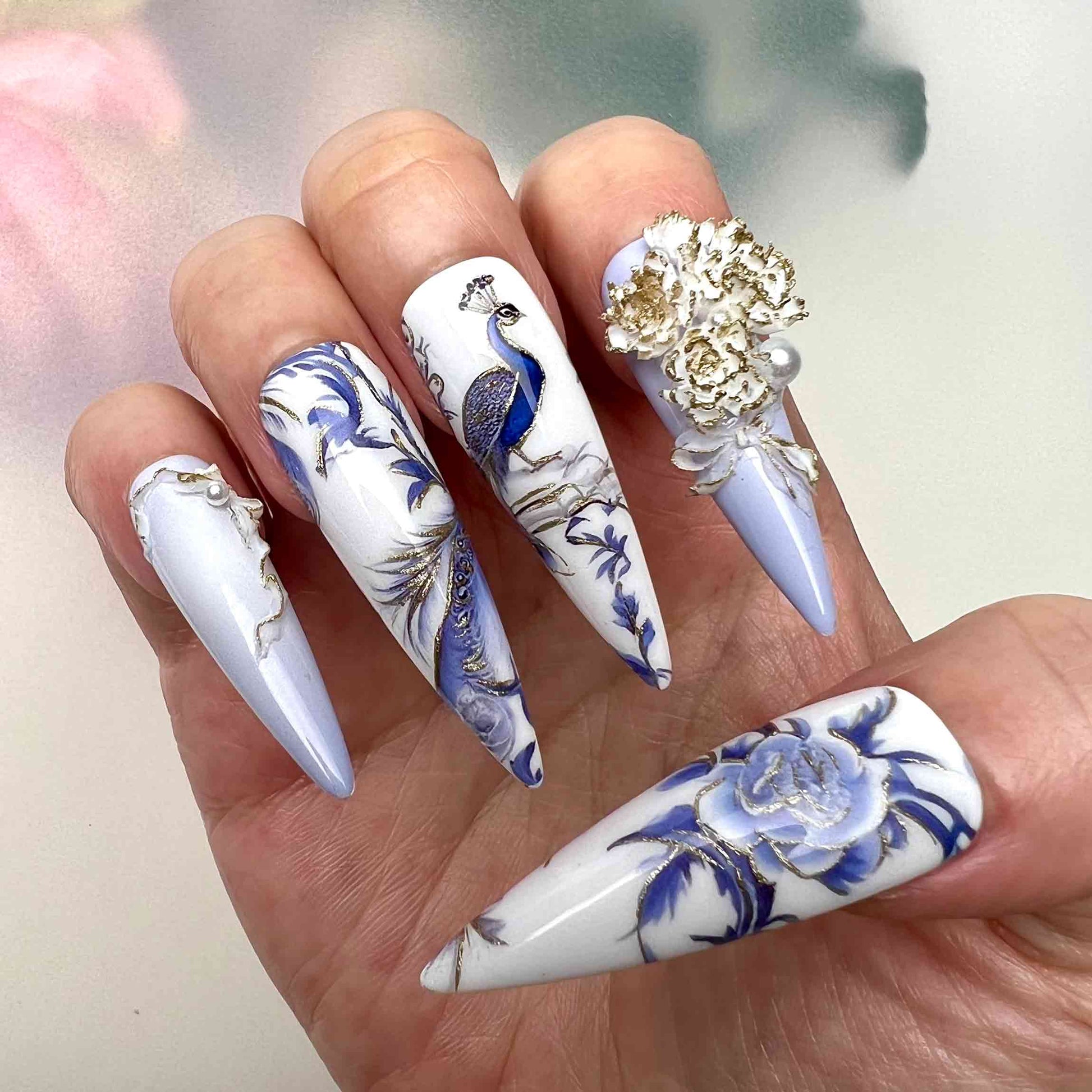 Elegant Peacock Nails – Blue Chinoiserie Press-On Set, 3D Floral &amp; Pearl Art Design | Dragonnail