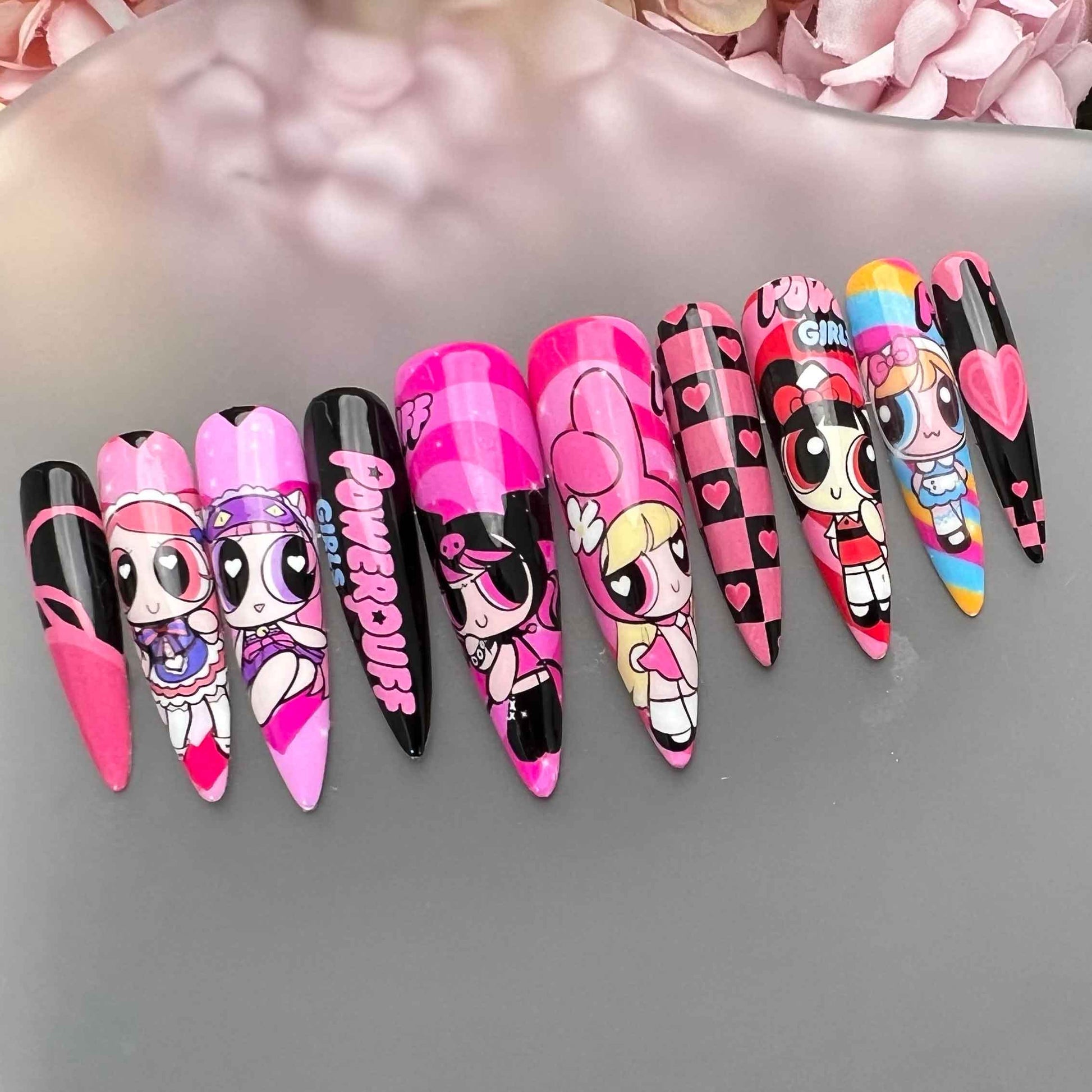 Powerpuff Girls Nails – Pink &amp; Black Press-On Set, Blossom, Bubbles &amp; Buttercup Y2K Design | Dragonnail