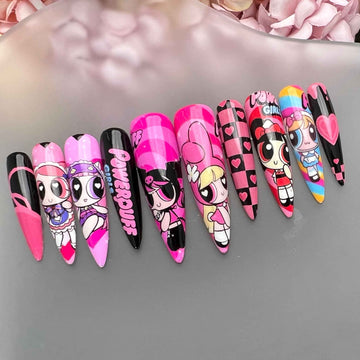 Powerpuff Girls Nails – Pink &amp; Black Press-On Set, Blossom, Bubbles &amp; Buttercup Y2K Design | Dragonnail