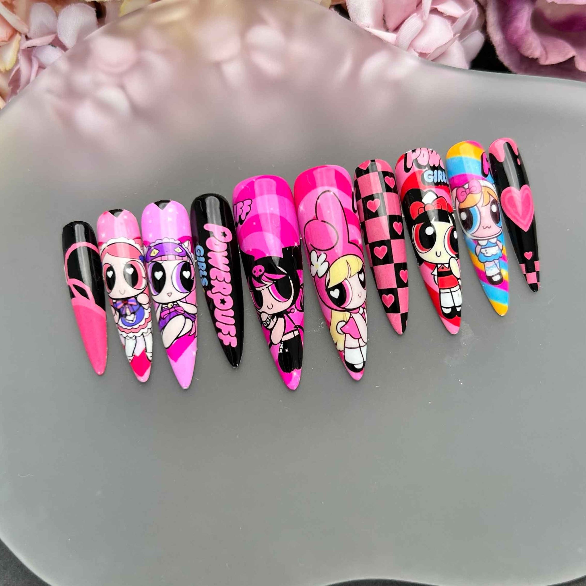 Powerpuff Girls Nails – Pink &amp; Black Press-On Set, Blossom, Bubbles &amp; Buttercup Y2K Design | Dragonnail