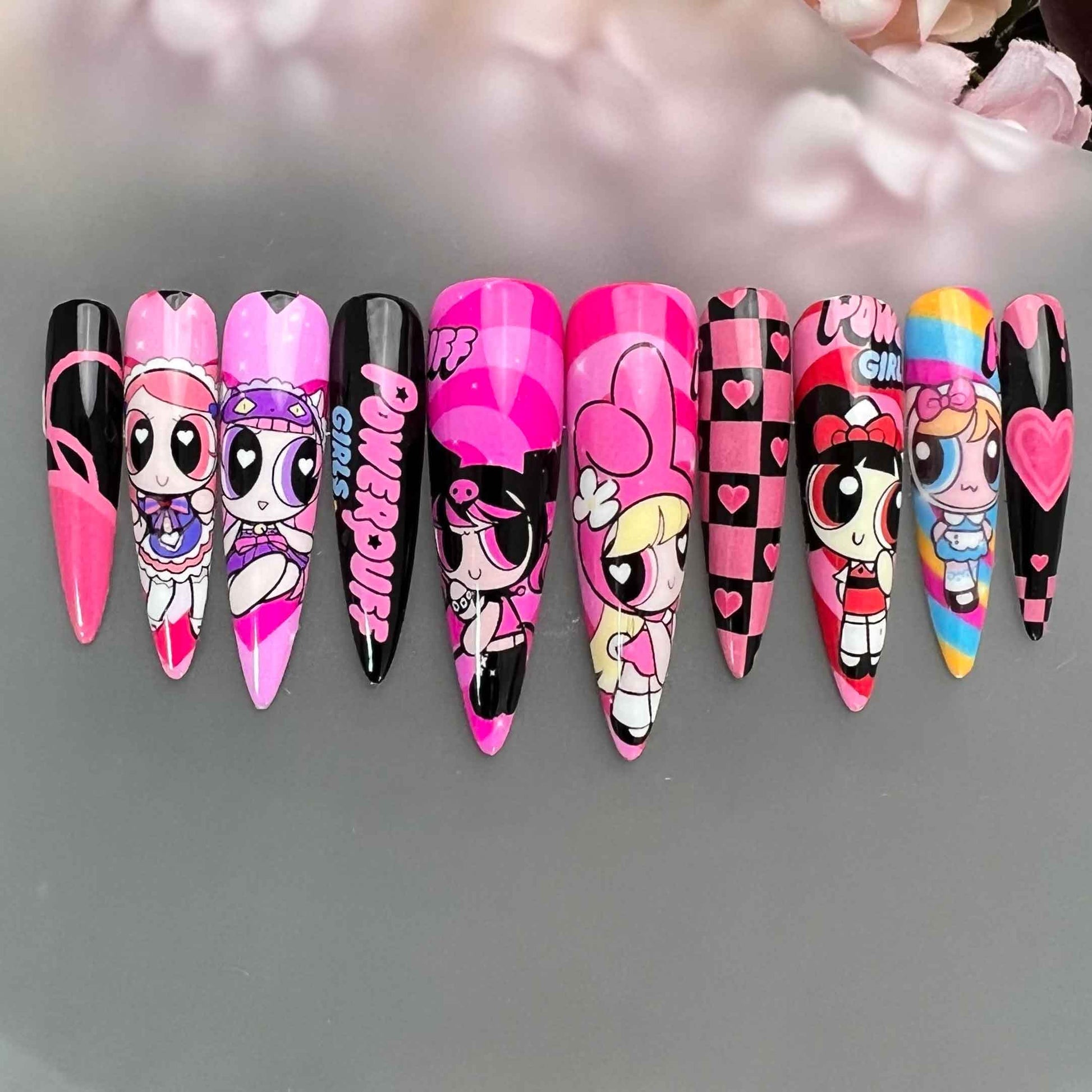 Powerpuff Girls Nails – Pink &amp; Black Press-On Set, Blossom, Bubbles &amp; Buttercup Y2K Design | Dragonnail