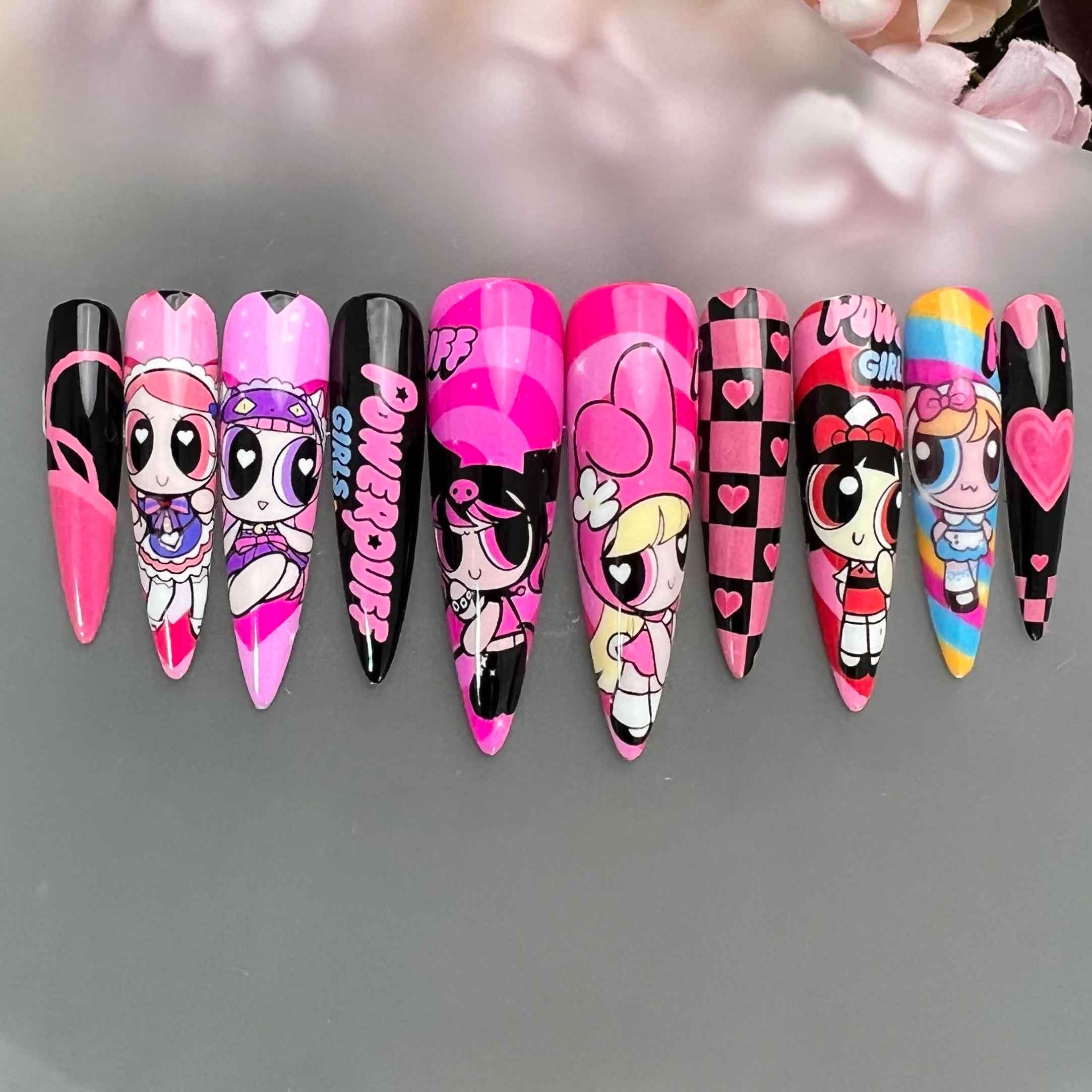 Powerpuff Girls Nails – Pink &amp; Black Press-On Set, Blossom, Bubbles &amp; Buttercup Y2K Design | Dragonnail