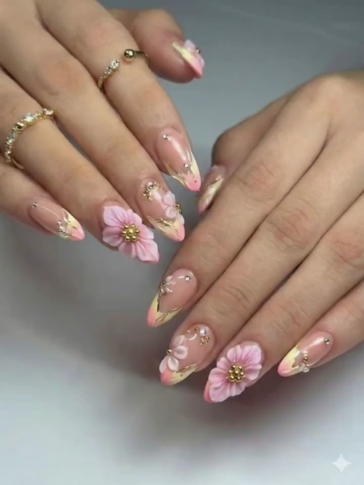 Pink Gold Floral Press On Nails | 3D Flower Stiletto Nails | Handmade Elegant Nail Art | Romantic Luxury Gift for Her