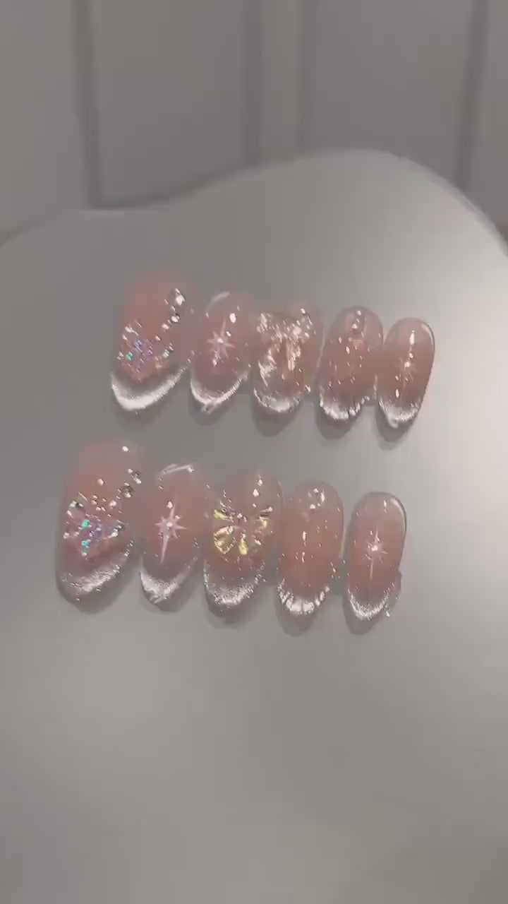 Fairy Jelly Rose Blush French Style Star White Cat eye 3d Butterfly Nails | Reusable Custom Handmade Press on Nails | Twinkle Cute nails