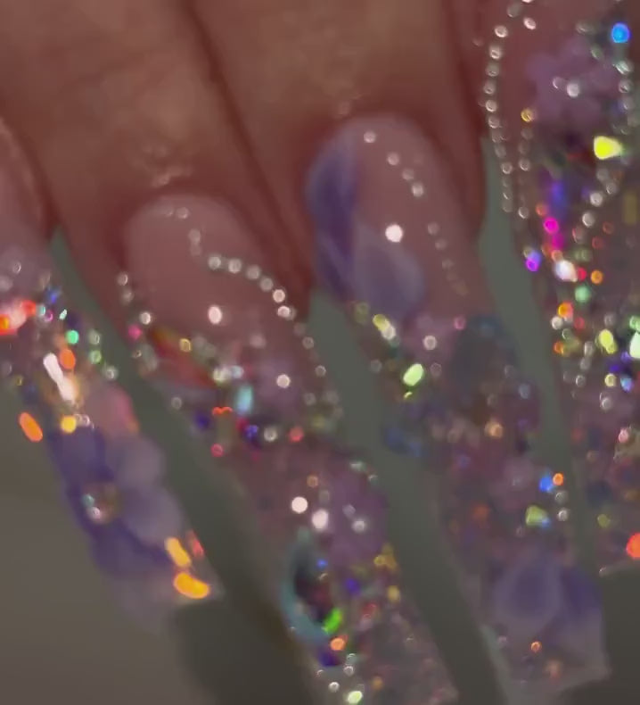 Purple Floral Press On Nails | Ombre Coffin Fake Nails | Luxury 3D Flower Butterfly Rhinestone | Y2K Nails | Photoshoot Editorial styling