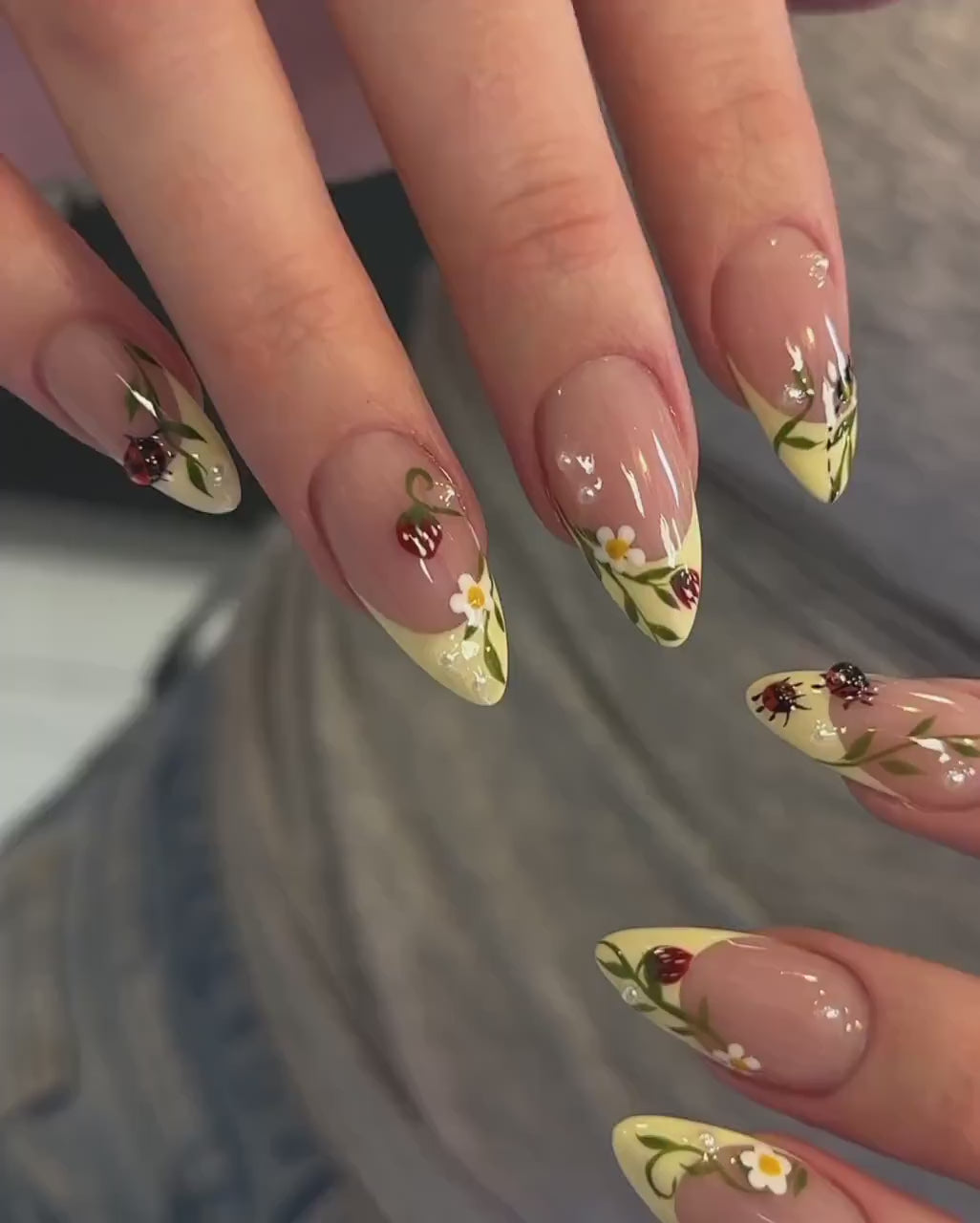 Ladybug Garden Press On Nails | 3D Floral Spring Fake Nails | Spring Meadow Nail Art | Floral French Tip Design Nails