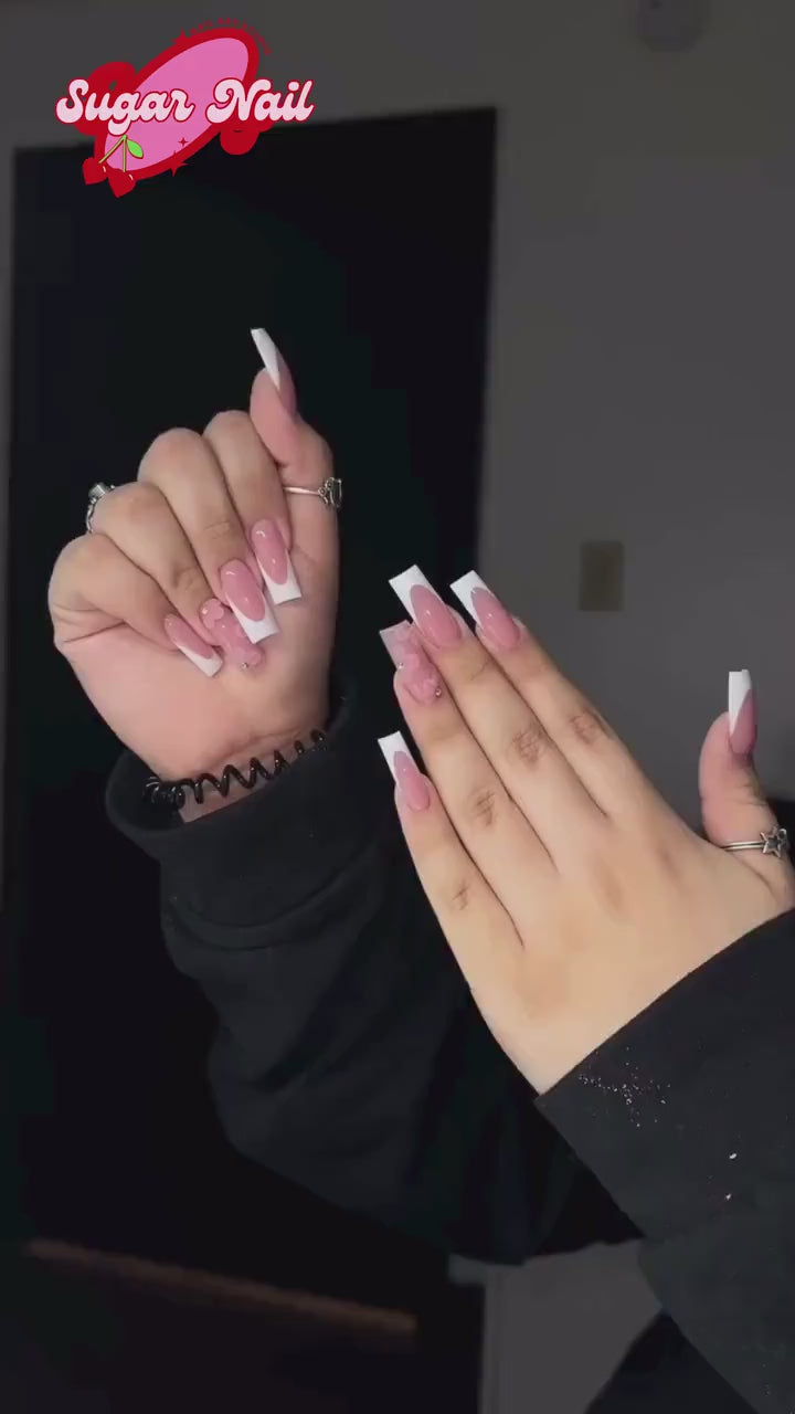 French – Press-On Nails with Neutral Pink Base, White French Tips & Floral Accents | Handmade Fake Nails Glue-On Nail Extensions