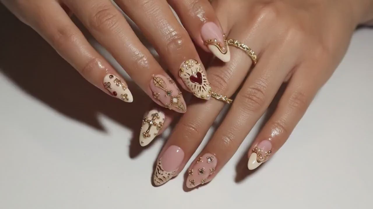 Golden Heart Baroque Press On Nails | Valentine Nails | Ivory Blush French Tips | Cross & Heart Nails | Vintage Religious Nail Art