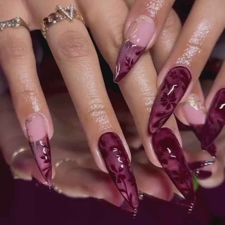 Burgundy Blooming Flower Press On Nails | Luxury French Fake Nails | Mulberry Floral Nail Art | Spring Press Ons | Long Stiletto Purple Nail