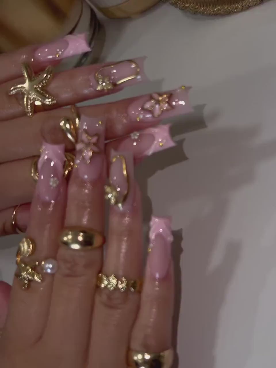 Luxury Pink French Tip Press On Nails | Gold Accent Floral Nail Art | Classy Long Fake Nails | 3D Flower, Pearl & Gem Press Ons