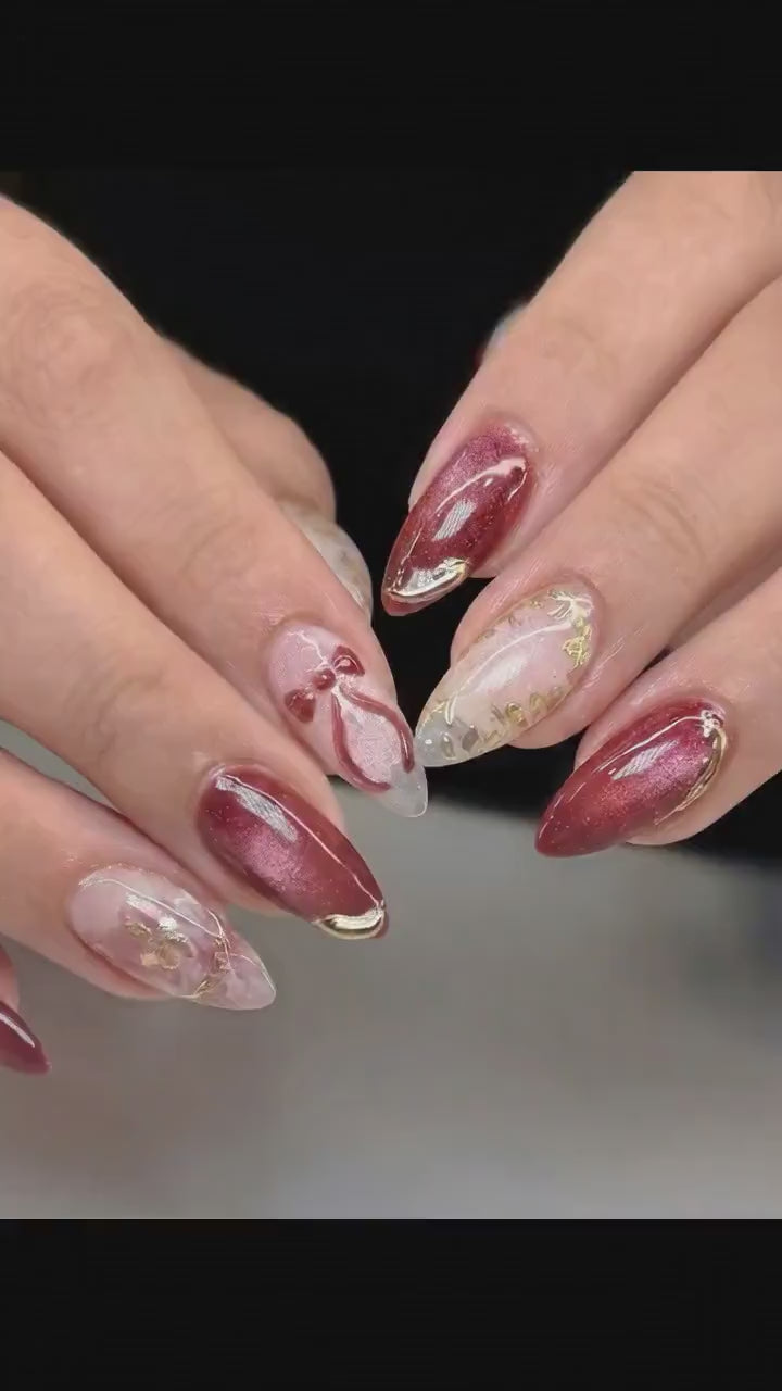 Crimson Romance Valentine Press On Nails | Red Velvet Nails | Gold Bow & Floral Nail Art| Elegant Luxury Nail| Short Press On Nails