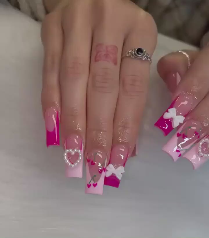Pink Cherry Bow Press On Nails, 3D Bow Heart Nails, Valentine Nails, Glossy Pink French Tip Nail Set