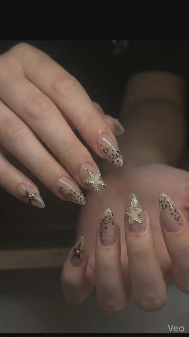 Wild Star Leopard Nude Press On Nails for Trendy Girls | Almond Neutral Fake Nails | Brown Animal Print & Crystal Star Nail Art